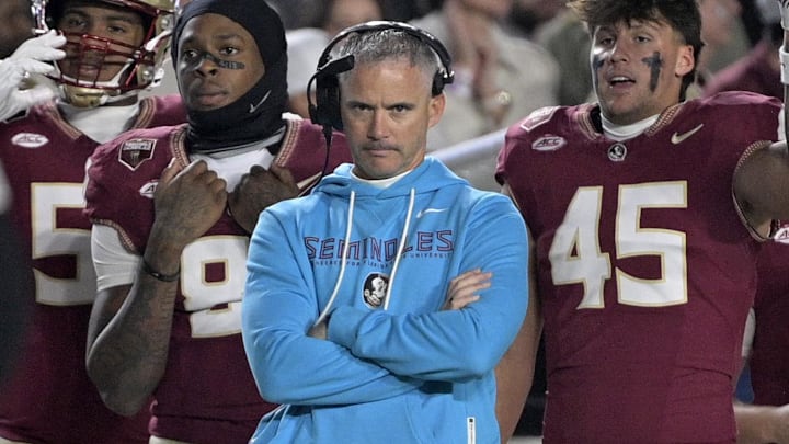 Nov 1, 2025; Tallahassee, Florida, USA; Florida State Seminoles head coach Mike Norvell during the first quarter against the Wake Forest Demon Deacons at Doak S. Campbell Stadium. Mandatory Credit: Melina Myers-Imagn Images