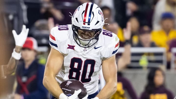 Nov 28, 2025; Tempe, Arizona, USA; Arizona Wildcats tight end Cameron Barmore (80) celebrates after scoring a touchdown against the Arizona State Sun Devils in the second half during the 99th Territorial Cup at Mountain America Stadium. Mandatory Credit: Mark J. Rebilas-Imagn Images