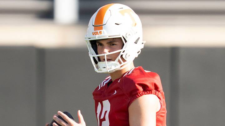 Tennessee quarterback George MacIntyre (12) during Tennessee football’s first preseason practice in Knoxville, Tennessee, Aug. 5, 2026. Tennessee quarterback George MacIntyre (12) during Tennessee football’s first preseason practice in Knoxville, Tennessee, Aug. 5, 2026.