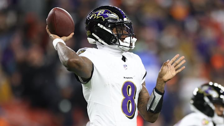 Nov 16, 2025; Cleveland, Ohio, USA; Baltimore Ravens quarterback Lamar Jackson (8) throws downfield during the second quarter against the Cleveland Browns at Huntington Bank Field. Mandatory Credit: Scott Galvin-Imagn Images