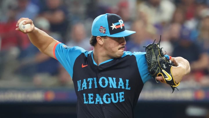Jul 16, 2024; Arlington, Texas, USA; National League pitcher Paul Skenes of the Pittsburgh Pirates (30) pitches against the American League in the first inning during the 2024 MLB All-Star game at Globe Life Field. 