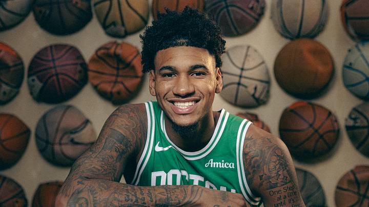 Boston Celtics, Dillon Mitchell, Amari Williams, Milos Uzan. (Photo by Carmen Mandato/Getty Images) Boston Celtics, Dillon Mitchell, Amari Williams, Milos Uzan. (Photo by Carmen Mandato/Getty Images)