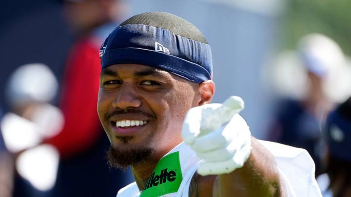 Wide receiver Kendrick Bourne works out on the opening day of New England Patriots training camp on July 23, 2025, at Gillette Stadium in Foxboro, Massachusetts. Wide receiver Kendrick Bourne works out on the opening day of New England Patriots training camp on July 23, 2025, at Gillette Stadium in Foxboro, Massachusetts.
