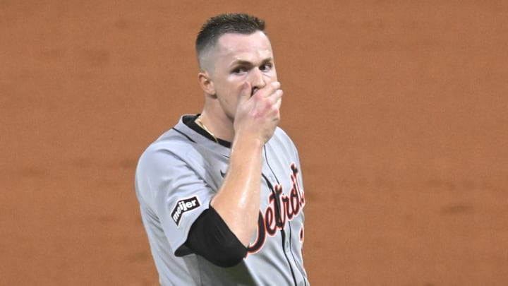 Detroit Tigers starting pitcher Tarik Skubal (29) reacts after Cleveland Guardians designated hitter David Fry (6) was hit in the face by a foul ball in the sixth inning at Progressive Field. Detroit Tigers starting pitcher Tarik Skubal (29) reacts after Cleveland Guardians designated hitter David Fry (6) was hit in the face by a foul ball in the sixth inning at Progressive Field.