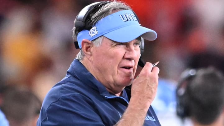 Oct 31, 2025; Syracuse, New York, USA; North Carolina Tar Heels head coach Bill Belichick on the sidelines in the second quarter against the Syracuse Orange at the JMA Wireless Dome. Mandatory Credit: Mark Konezny-Imagn Images