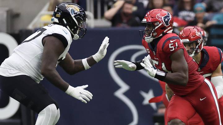 Nov 26, 2023; Houston, Texas, USA; Houston Texans defensive end Will Anderson Jr. (51) is blocked by Jacksonville Jaguars offensive tackle Anton Harrison (77) in the second half at NRG Stadium. Mandatory Credit: Thomas Shea-Imagn Images