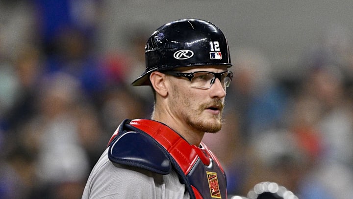 Jul 25, 2025; Arlington, Texas, USA; Atlanta Braves catcher Sean Murphy (12) during the game between the Texas Rangers and the Atlanta Braves at Globe Life Field. Mandatory Credit: Jerome Miron-Imagn Images
