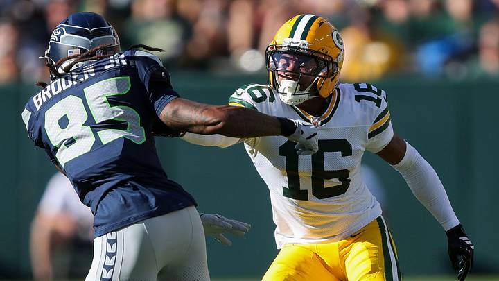 Green Bay Packers cornerback Bo Melton (16) defends Seattle Seahawks wide receiver Tyrone Broden (85) during their final preseason game on Saturday, August 23, 2025, at Lambeau Field in Green Bay, Wis. The Packers won the game, 20-7.