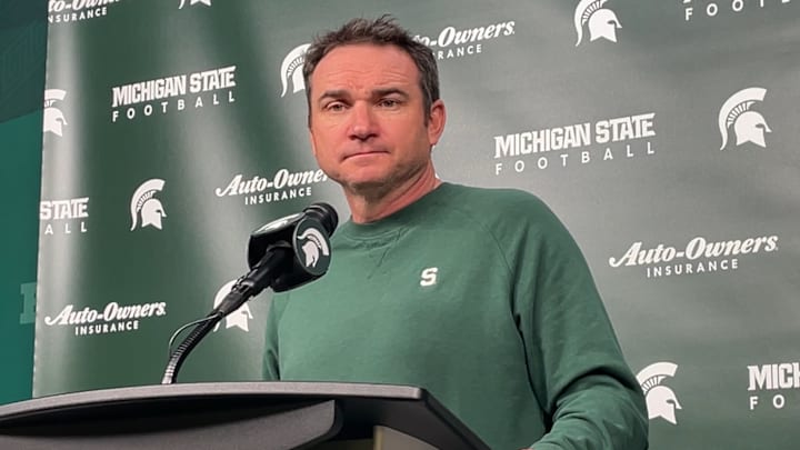 Michigan State Spartans head coach Jonathan Smith listens to a question during a press conference at Spartan Stadium on Monday, Nov. 24, 2025.