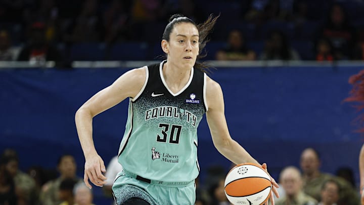 Sep 11, 2025; Chicago, Illinois, USA; New York Liberty forward Breanna Stewart (30) brings the ball up court against the Chicago Sky during the first half at Wintrust Arena. Mandatory Credit: Kamil Krzaczynski-Imagn Images