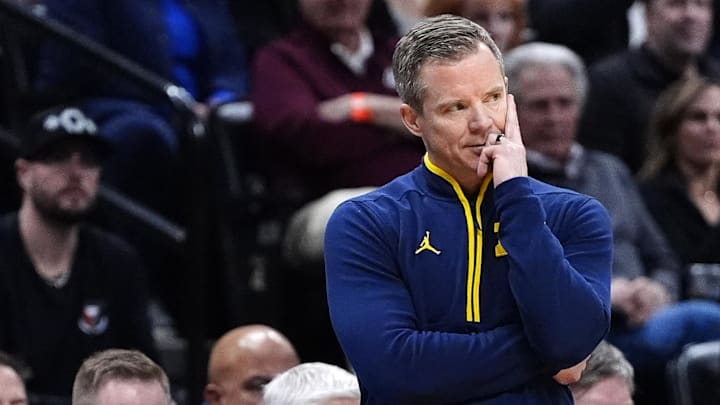 Mar 22, 2025; Denver, CO, USA; Michigan Wolverines head coach Dusty May  during the second half in the second round of the NCAA Tournament  at Ball Arena. Mandatory Credit: Ron Chenoy-Imagn Images