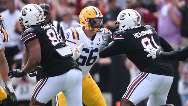 Louisiana State University offensive lineman Will Campbell (66) blocks during the first quarter at Williams-Brice Stadium in Columbia, S.C. Saturday, September 14, 2024.