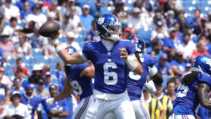 Aug 9, 2025; Orchard Park, New York, USA; New York Giants quarterback Jaxon Dart (6) throws the ball during the first half at Highmark Stadium. Mandatory Credit: Gregory Fisher-Imagn Images