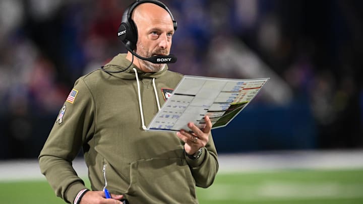 Nov 2, 2025; Orchard Park, New York, USA; Kansas City Chiefs offensive coordinator Matt Nagy looks on during the third quarter against the Buffalo Bills at Highmark Stadium. Nov 2, 2025; Orchard Park, New York, USA; Kansas City Chiefs offensive coordinator Matt Nagy looks on during the third quarter against the Buffalo Bills at Highmark Stadium.