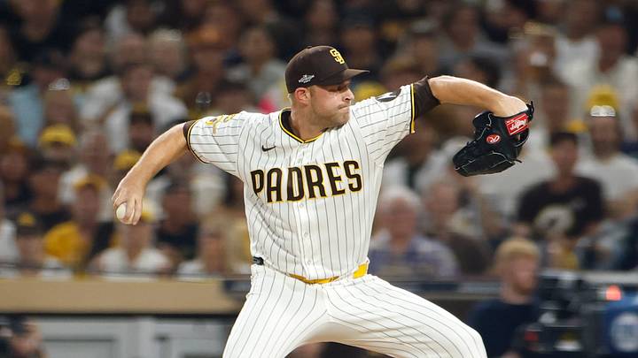 Oct 6, 2026; San Diego, California, USA;  San Diego Padres pitcher Michael King (34) pitches during the eighth inning against the Milwaukee Brewers in game three of the NLDS for the 2026 MLB Playoffs at Petco Park.  Mandatory Credit: David Frerker-Imagn Images