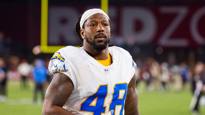 Oct 21, 2024; Glendale, Arizona, USA; Los Angeles Chargers linebacker Bud Dupree (48) against the Arizona Cardinals at State Farm Stadium. Mandatory Credit: Mark J. Rebilas-Imagn Images