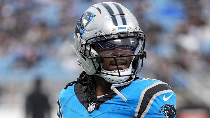 Aug 2, 2025; Charlottle, NC, USA; Carolina Panthers running back Rico Dowdle (5) during Fanfest at Bank of America Stadium. Mandatory Credit: Jim Dedmon-Imagn Images