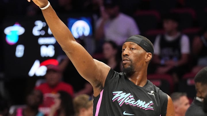 Apr 4, 2026; Miami, Florida, USA;  Miami Heat center Bam Adebayo (13) warms-up before the start of the game against the Washington Wizards at Kaseya Center. Mandatory Credit: Jim Rassol-Imagn Images