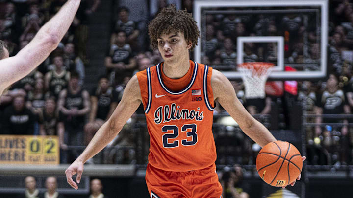 Illinois Fighting Illini guard Keaton Wagler (23) dribbles against the Purdue Boilermakers at Mackey Arena.