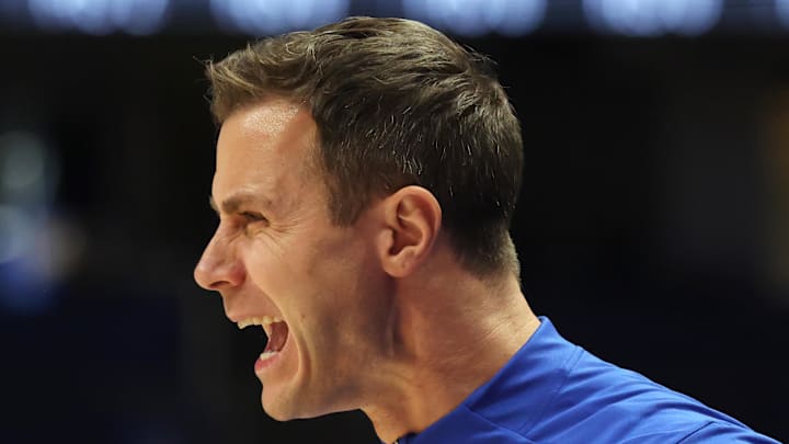 Feb 10, 2026; Pittsburgh, Pennsylvania, USA; Duke Blue Devils head coach Jon Scheyer reacts on the court against the Pittsburgh Panthers during the first half at Petersen Events Center. Mandatory Credit: Charles LeClaire-Imagn Images Feb 10, 2026; Pittsburgh, Pennsylvania, USA; Duke Blue Devils head coach Jon Scheyer reacts on the court against the Pittsburgh Panthers during the first half at Petersen Events Center. Mandatory Credit: Charles LeClaire-Imagn Images