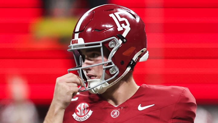 Dec 6, 2025; Atlanta, GA, USA; Alabama Crimson Tide quarterback Ty Simpson (15) looks on during the first quarteragainst the Georgia Bulldogs during the 2025 SEC Championship game at Mercedes-Benz Stadium. Mandatory Credit: Brett Davis-Imagn Images