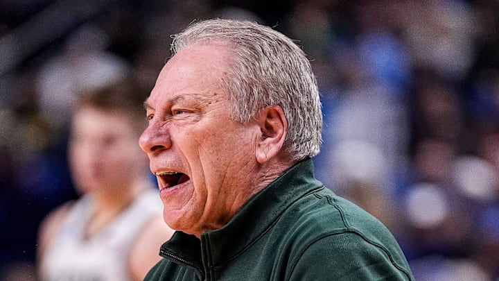 Michigan State head coach Tom Izzo reacts to a play against Louisville during the first half of NCAA Tournament Second Round at KeyBank Center in Buffalo on Saturday, March 21, 2026.