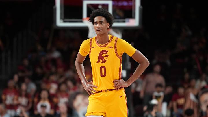 Jan 31, 2026; Los Angeles, California, USA; Southern California Trojans guard Alijah Arenas (0) reacts against the Rutgers Scarlet Knights in the second half at Galen Center. Mandatory Credit: Kirby Lee-Imagn Images