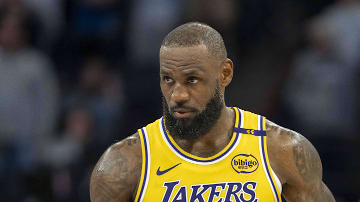 Apr 25, 2025; Minneapolis, Minnesota, USA; Los Angeles Lakers forward LeBron James (23) looks on against the Minnesota Timberwolves in the second half during game three of first round for the 2024 NBA Playoffs at Target Center. Mandatory Credit: Jesse Johnson-Imagn Images