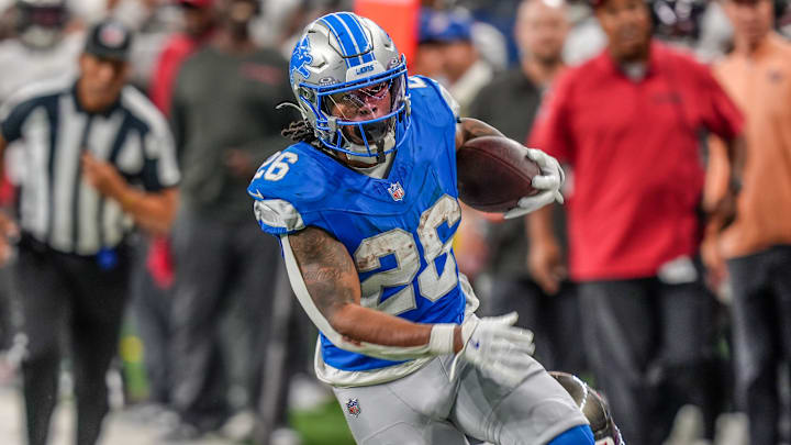 Detroit Lions running back Jahmyr Gibbs (26) runs for 23 yards before going out of bounds at the Tampa Bay 13 yard line, during the second half of the N.F.L. game against the Tampa Bay Buccaneers at Ford Field in Detroit on Sunday, Sept. 15, 2024. Bucaneers won 20-16. Detroit Lions running back Jahmyr Gibbs (26) runs for 23 yards before going out of bounds at the Tampa Bay 13 yard line, during the second half of the N.F.L. game against the Tampa Bay Buccaneers at Ford Field in Detroit on Sunday, Sept. 15, 2024. Bucaneers won 20-16.