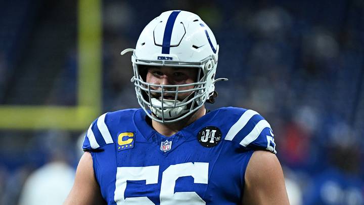 Nov 30, 2025; Indianapolis, Indiana, USA; Indianapolis Colts guard Quenton Nelson (56) warms up before a game against the Houston Texans at Lucas Oil Stadium. Nov 30, 2025; Indianapolis, Indiana, USA; Indianapolis Colts guard Quenton Nelson (56) warms up before a game against the Houston Texans at Lucas Oil Stadium.