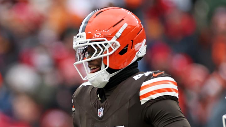 Nov 30, 2025; Cleveland, Ohio, USA;  Cleveland Browns tight end Harold Fannin Jr. (44) scores a touchdown during the first half against the San Francisco 49ers at Huntington Bank Field. Mandatory Credit: Scott Galvin-Imagn Images