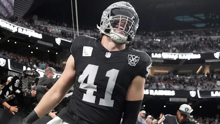 Dec 22, 2024; Paradise, Nevada, USA; Las Vegas Raiders linebacker Robert Spillane (41) enters the field before the game against the Jacksonville Jaguars at Allegiant Stadium. Mandatory Credit: Kirby Lee-Imagn Images