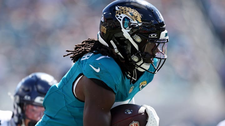 Oct 12, 2025; Jacksonville, Florida, USA; Jacksonville Jaguars wide receiver Brian Thomas Jr. (7) scores a touchdown that is called back for a flag during the second half against the Seattle Seahawks at EverBank Stadium. 