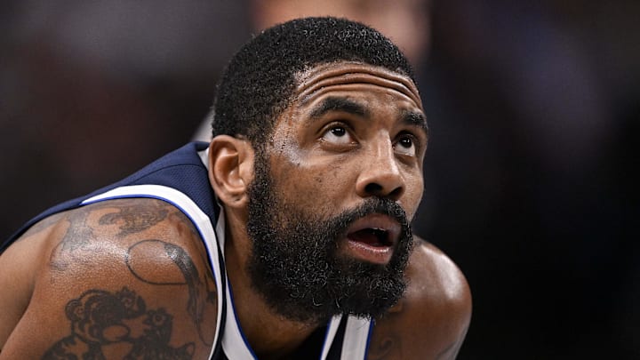Feb 12, 2025; Dallas, Texas, USA; Dallas Mavericks guard Kyrie Irving (11) during the game between the Dallas Mavericks and the Golden State Warriors at the American Airlines Center. Mandatory Credit: Jerome Miron-Imagn Images