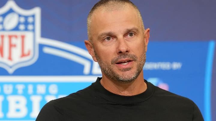 Feb 24, 2026; Indianapolis, IN, USA; Las Vegas Raiders general manager John Spytek speaks at the NFL Scouting Combine at the Indiana Convention Center. Mandatory Credit: Kirby Lee-Imagn Images