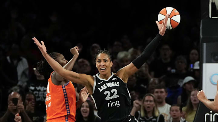 Las Vegas Aces center A'ja Wilson reacts to scoring a basket.