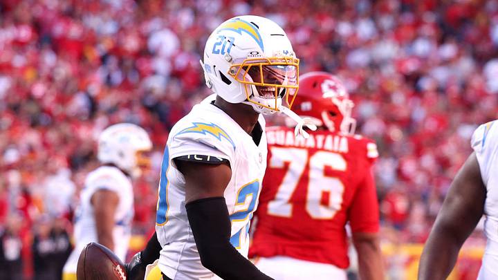 Oct 18, 2026; Kansas City, Missouri, USA;  Los Angeles Chargers cornerback Cam Hart (20) celebrates an interception during the second quarter against the Kansas City Chiefs at GEHA Field at Arrowhead Stadium.  Mandatory Credit: William Purnell-Imagn Images