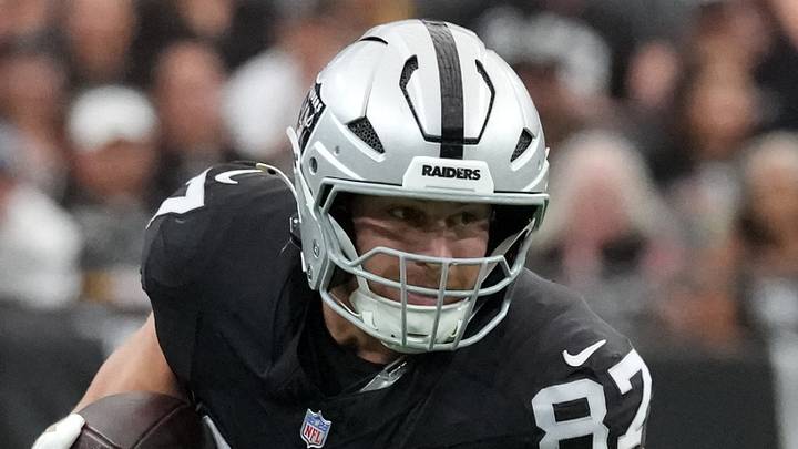 Aug 13, 2026; Paradise, Nevada, USA; Las Vegas Raiders tight end Michael Mayer (87) carries the ball against the Arizona Cardinals in the first half at Allegiant Stadium. Mandatory Credit: Kirby Lee-Imagn Images