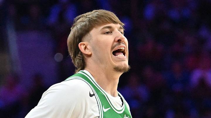 Apr 26, 2026; Philadelphia, Pennsylvania, USA; Boston Celtics guard Baylor Scheierman (55) reacts after making a three point basket against the Philadelphia 76ers during the first half at Xfinity Mobile Arena. Mandatory Credit: Eric Hartline-Imagn Images