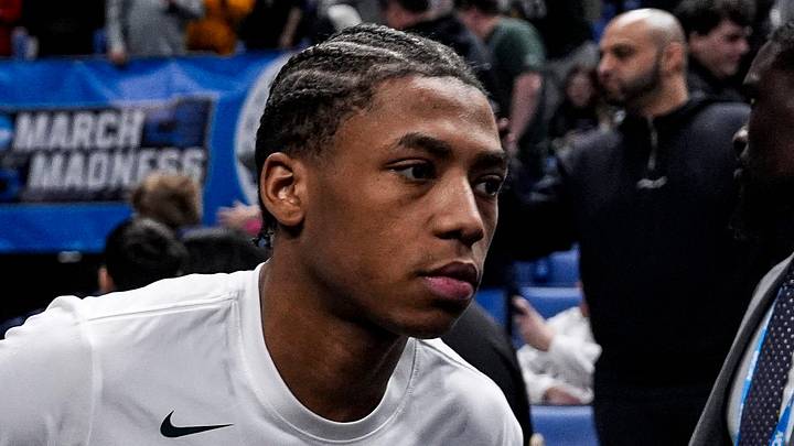 Michigan State guard Jeremy Fears Jr. (1) runs onto the court for warm up ahead of the game between Michigan State and North Dakota State at the NCAA Tournament First Round at KeyBank Center in Buffalo on Thursday, March 19, 2026.
