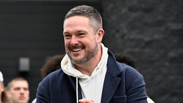 Oct 11, 2025; Eugene, Oregon, USA; Oregon Ducks head coach Dan Lanning arrives with players before the game between the Indiana Hoosiers and the Oregon Ducks at Autzen Stadium. Mandatory Credit: Troy Wayrynen-Imagn Images