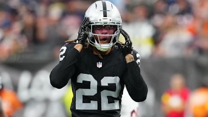 Sep 28, 2025; Paradise, Nevada, USA; Las Vegas Raiders cornerback Eric Stokes (22) celebrates during the second half against the Chicago Bears at Allegiant Stadium. Mandatory Credit: Stephen R. Sylvanie-Imagn Images