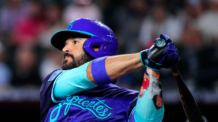 Diamondbacks infielder Eugenio Suarez (28) hits an RBI single against the Royals in the third inning during a game in Phoenix, at Chase Field on July 5, 2025.