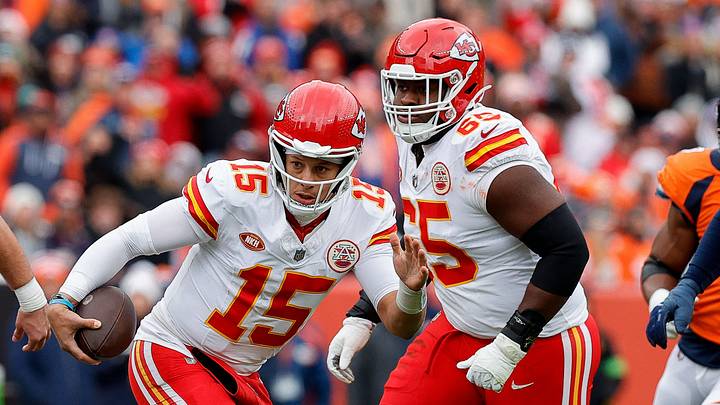 Oct 29, 2023; Denver, Colorado, USA; Kansas City Chiefs quarterback Patrick Mahomes (15) runs the ball as center Creed Humphrey (52) and guard Trey Smith (65) defend in the first quarter against the Denver Broncos at Empower Field at Mile High. Mandatory Credit: Isaiah J. Downing-USA TODAY Sports Oct 29, 2023; Denver, Colorado, USA; Kansas City Chiefs quarterback Patrick Mahomes (15) runs the ball as center Creed Humphrey (52) and guard Trey Smith (65) defend in the first quarter against the Denver Broncos at Empower Field at Mile High. Mandatory Credit: Isaiah J. Downing-USA TODAY Sports