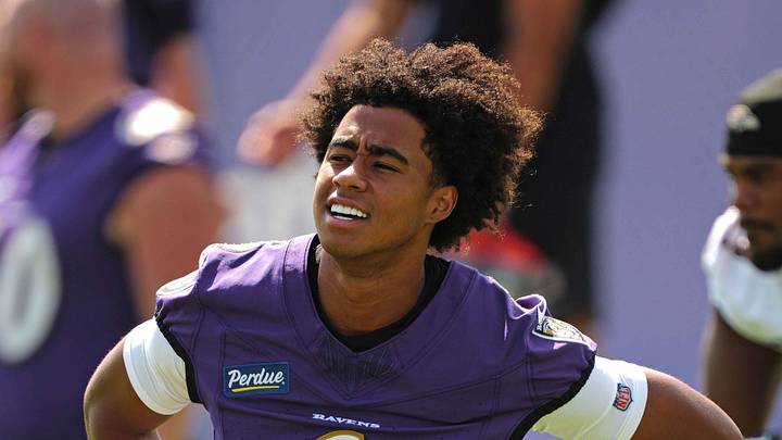 Jul 29, 2026; Ownings Mills, MD, USA; Baltimore Ravens wide receiver Ja’Kobi Lane (6) stretches during practice at the Under Armour Performance Center. Mandatory Credit: Mitch Stringer-Imagn Images