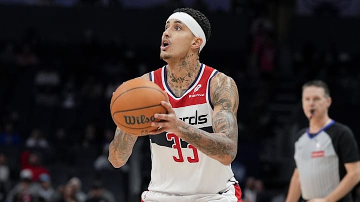 Feb 3, 2025; Charlotte, North Carolina, USA; Washington Wizards forward Kyle Kuzma (33) pulls up to shoot a jumper against the Charlotte Hornets during the second half at Spectrum Center. Mandatory Credit: Jim Dedmon-Imagn Images Feb 3, 2025; Charlotte, North Carolina, USA; Washington Wizards forward Kyle Kuzma (33) pulls up to shoot a jumper against the Charlotte Hornets during the second half at Spectrum Center. Mandatory Credit: Jim Dedmon-Imagn Images