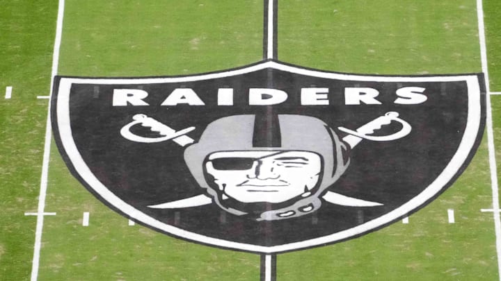 Jan 4, 2026; Paradise, Nevada, USA; The Las Vegas Raiders shield logo at midfield at Allegiant Stadium. Mandatory Credit: Kirby Lee-Imagn Images Jan 4, 2026; Paradise, Nevada, USA; The Las Vegas Raiders shield logo at midfield at Allegiant Stadium. Mandatory Credit: Kirby Lee-Imagn Images