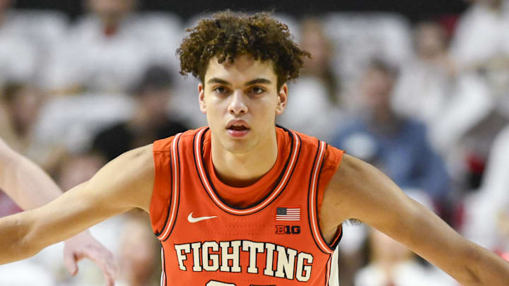 Mar 8, 2026; College Park, Maryland, USA;  Illinois Fighting Illini guard Keaton Wagler (23) gets in a defensive position during the first half against the Maryland Terrapins at Xfinity Center. Mandatory Credit: Tommy Gilligan-Imagn Images
