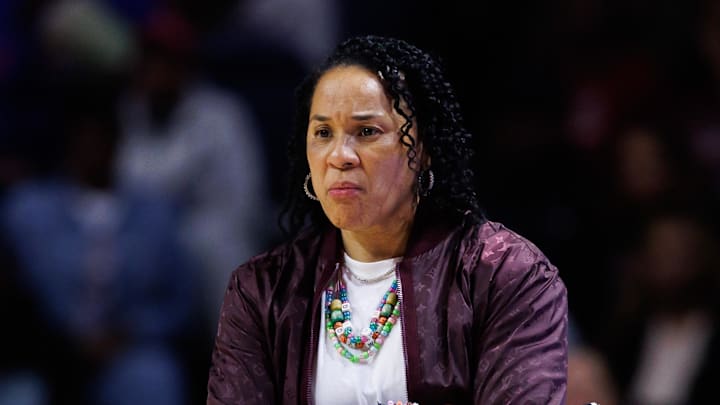 Jan 4, 2026; Gainesville, Florida, USA; South Carolina Gamecocks head coach Dawn Staley looks on against the Florida Gators during the first half at Exactech Arena at the Stephen C. O'Connell Center. Mandatory Credit: Matt Pendleton-Imagn Images