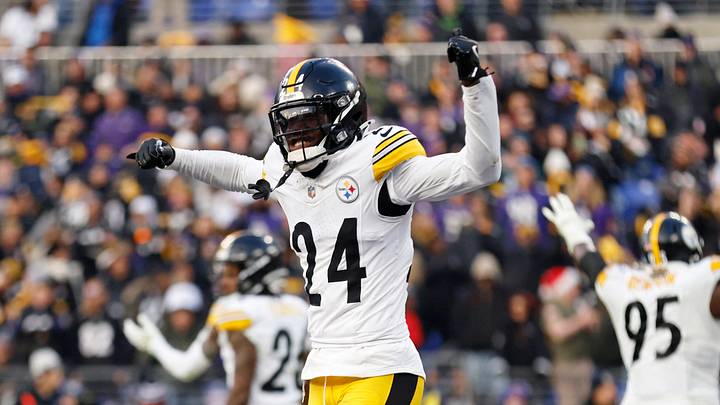 Dec 7, 2025; Baltimore, Maryland, USA; Pittsburgh Steelers cornerback Joey Porter Jr. (24) reacts after a defensive stop against the Baltimore Ravens during the second half at M&T Bank Stadium. Mandatory Credit: Peter Casey-Imagn Images